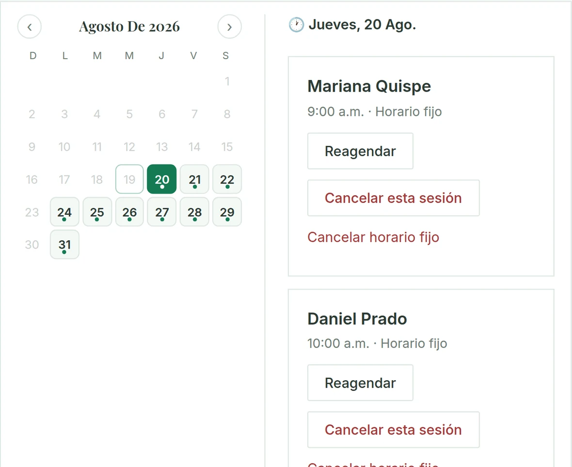 Agenda del mes en el panel de ACS: calendario con las sesiones de todos los clientes y el detalle del día